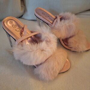 Pink Furry Lucite Heel Sandal Heels NWOT